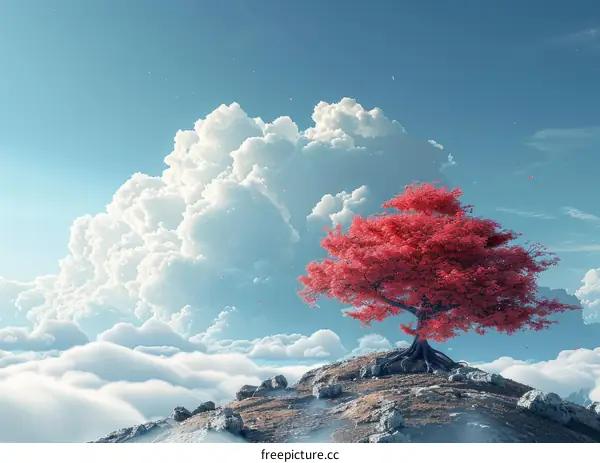 A Solitary Red Tree Above the Clouds