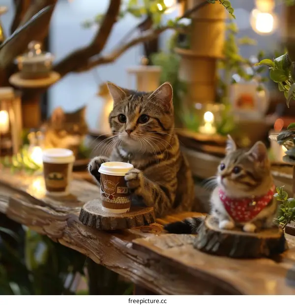 Two cats sitting on a table in a cafe