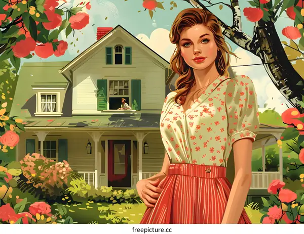Woman in a Floral Dress Standing in Front of a House