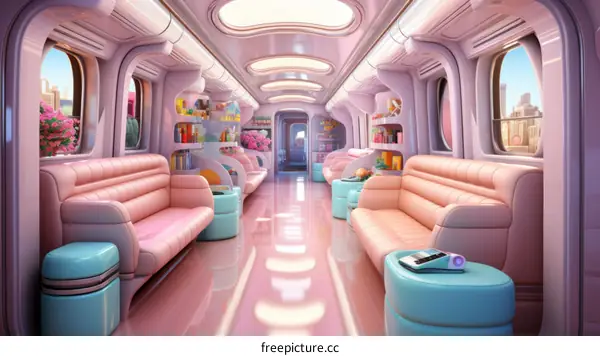 A pink and blue retro futuristic train interior with large windows