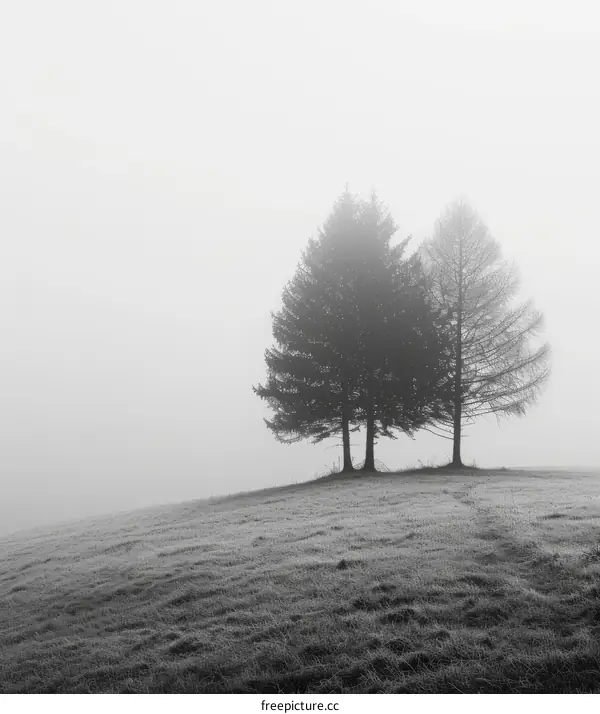 Three Trees in Foggy Landscape