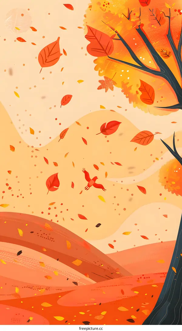 Autumn Landscape with Falling Leaves and Tree