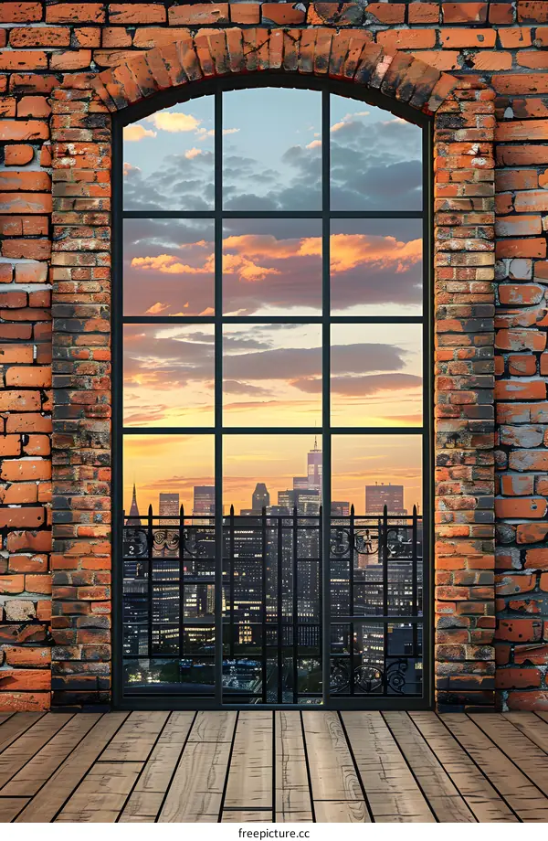 Brick Wall Window with City View and Sunset Sky