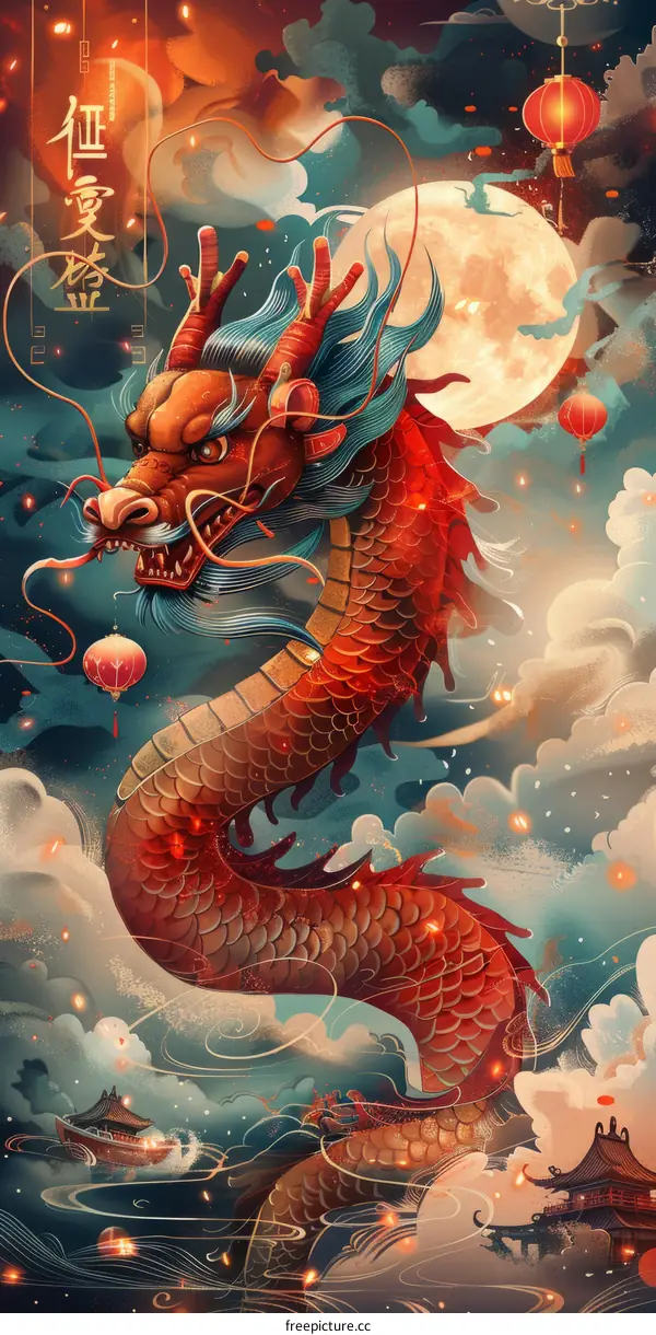 Red Dragon Ascending with Lanterns and Clouds