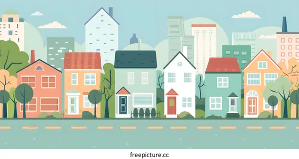 Colorful Cartoon Illustration of a Cityscape with Houses and Trees