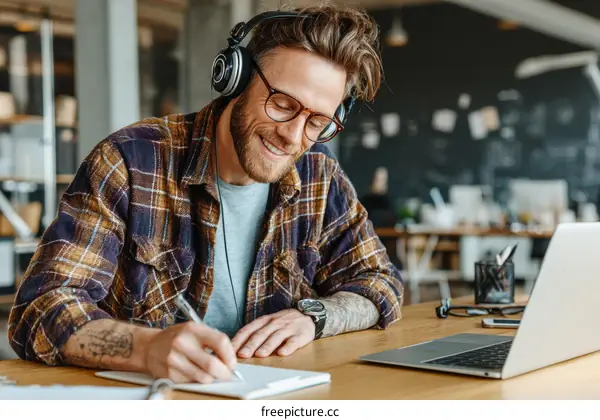 Focused Caucasian Man Writing Notes with Headphones
