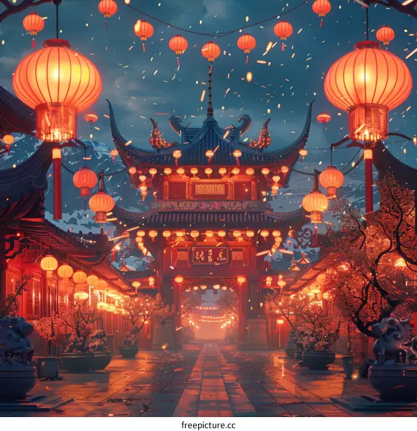 Traditional Chinese Street Scene with Red Lanterns and Gate