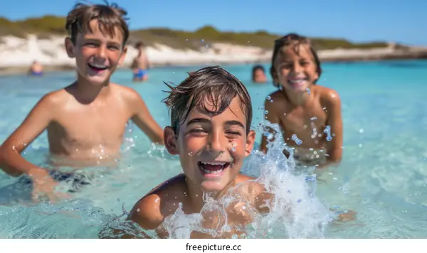 Three happy boys playing in the sea