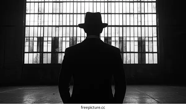 Silhouette of a Man in a Suit Looking Through Large Windows