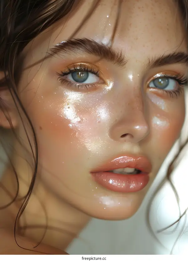 Close-up portrait of a beautiful young woman with freckles and wet skin