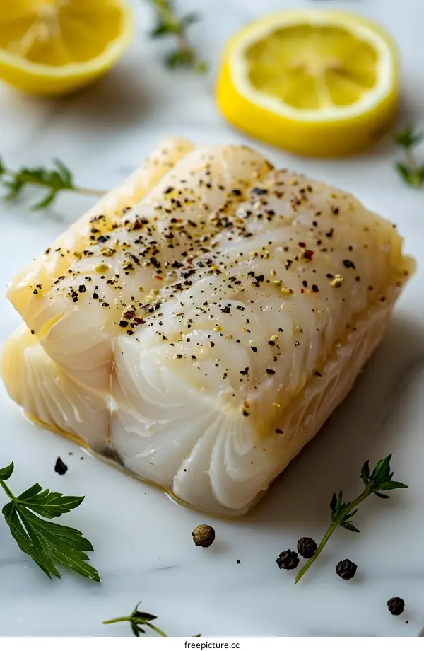 Raw cod fillet with lemon and herbs
