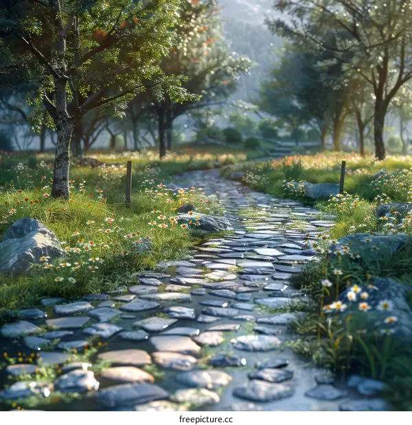 Lush Green Forest Path with White Daisy Flowers