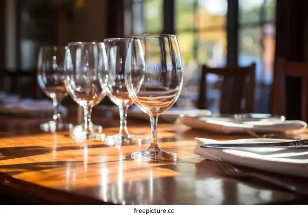 Empty Wine Glasses on a Wooden Table