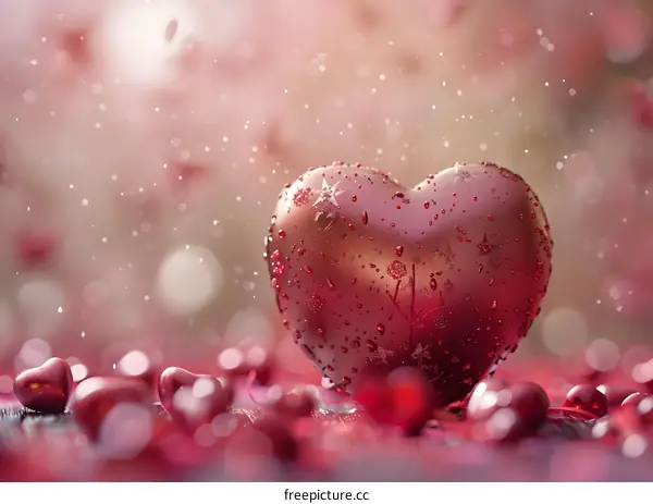Red heart with dewdrop on pink background