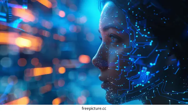 portrait of a young woman's face with technology circuit pattern overlay