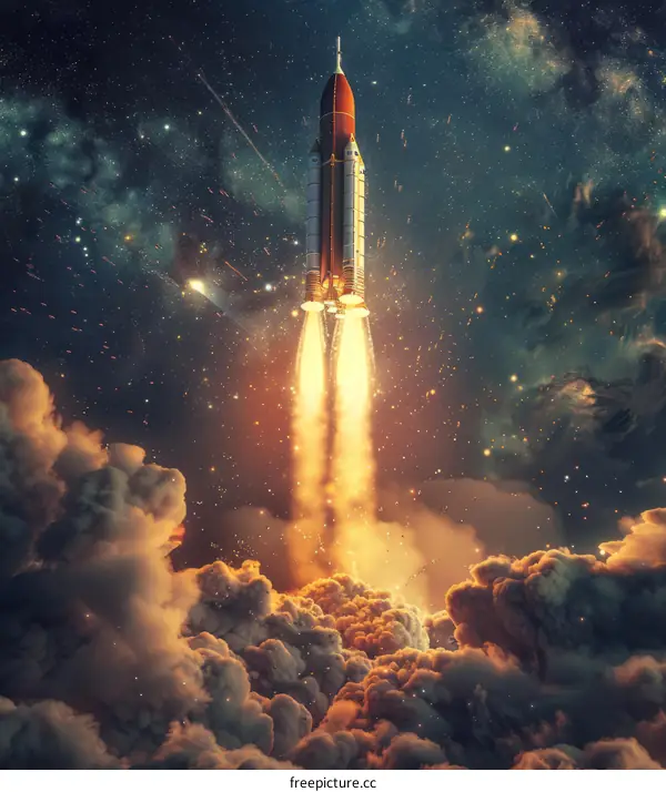 A rocket ship launching into space with stars and clouds in the background