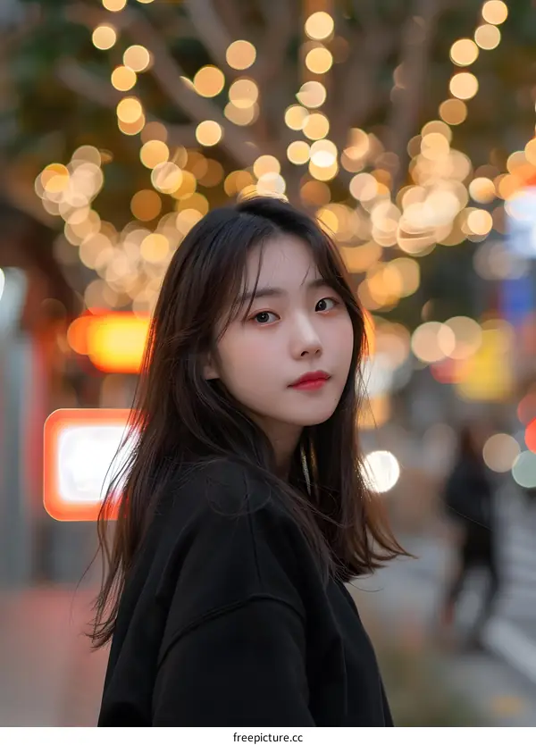 Young Asian Woman Standing in Front of Bokeh Lights