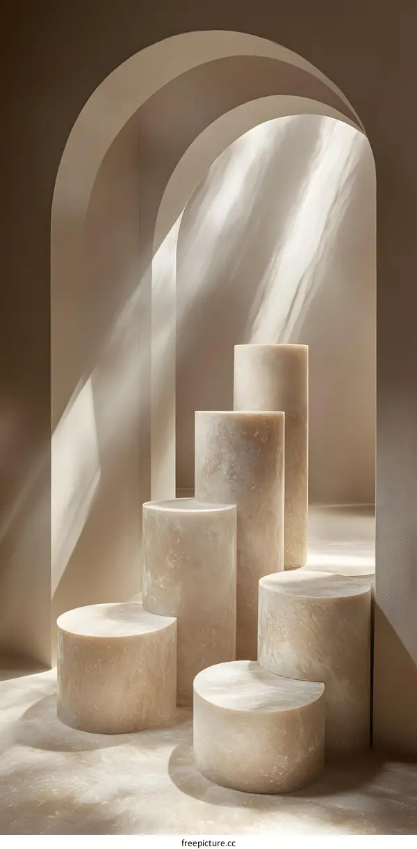 Beige Cylindrical Platforms in Arched Room with Sunlight