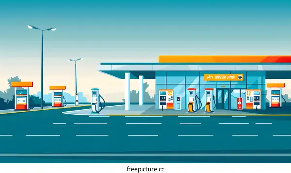 Gas Station Illustration with Blue and Orange Color Scheme