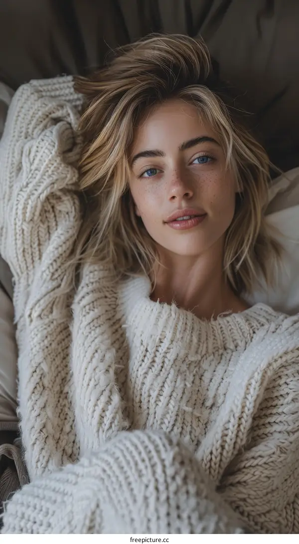 portrait of a young blonde woman in a white sweater