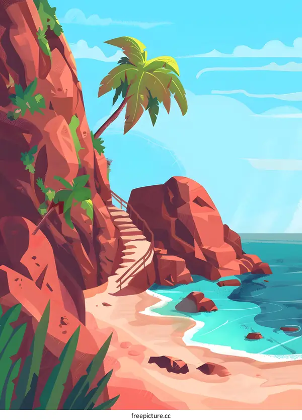 Tropical Beach With Palm Tree And Staircase