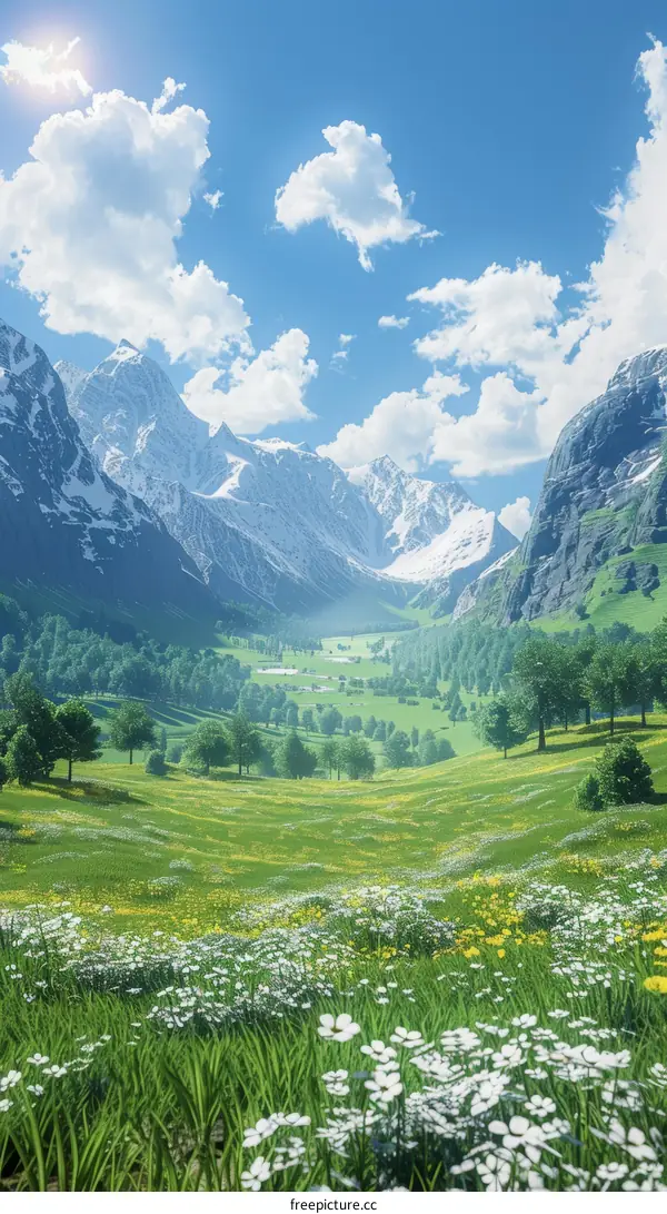 Picturesque Mountain Valley with Vibrant Blooms