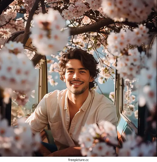 Smiling Man in a Cherry Blossom Field