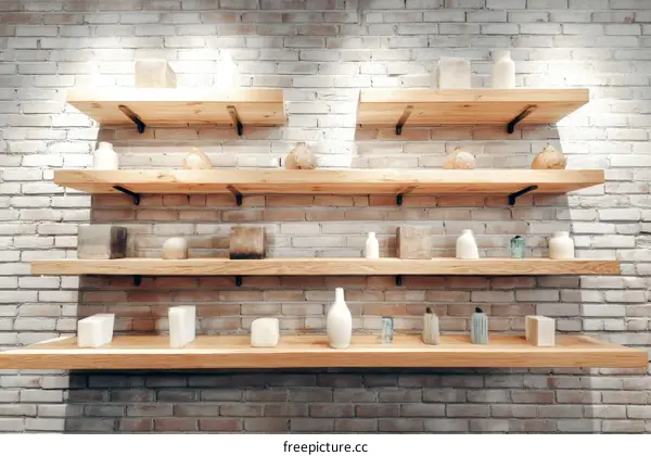 Wooden Shelves with Decorative Items against White Brick Wall