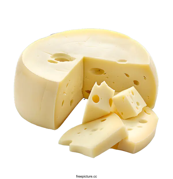 [Transparent Background PNG]A wheel of cheese with a wedge cut out and several pieces cut from the wedge