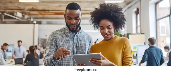 Two Coworkers Looking at a Tablet in an Office