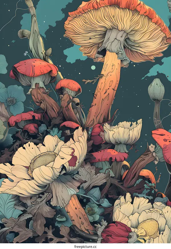 Fantasy Illustration Of Flowers And Mushrooms In A Night Sky