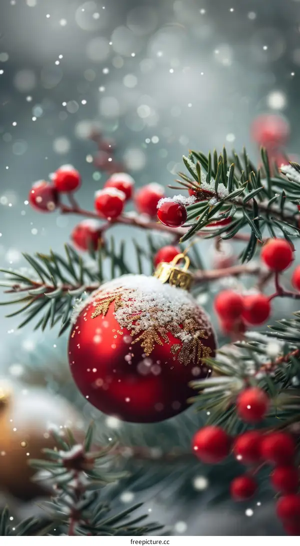 Shiny Red Christmas Ornament on Snowy Pine Branch