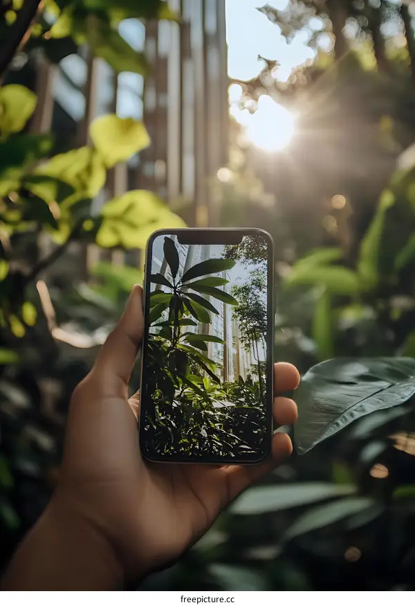 Hand Holding Smartphone Showing Green City Landscape