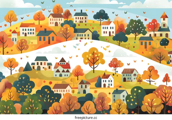 Autumn Village Illustration With Colorful Houses and Trees