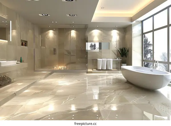 Modern bathroom interior with large bathtub and glass shower enclosure