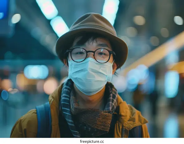 A portrait of a man wearing a mask and a hat at night in the city
