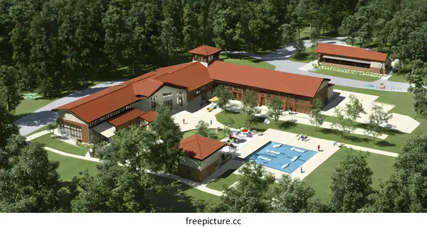 Aerial View of a Resort with Swimming Pool and Surrounding Forest