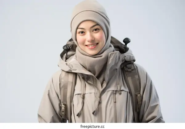 portrait of a young woman wearing a beige hijab and a backpack