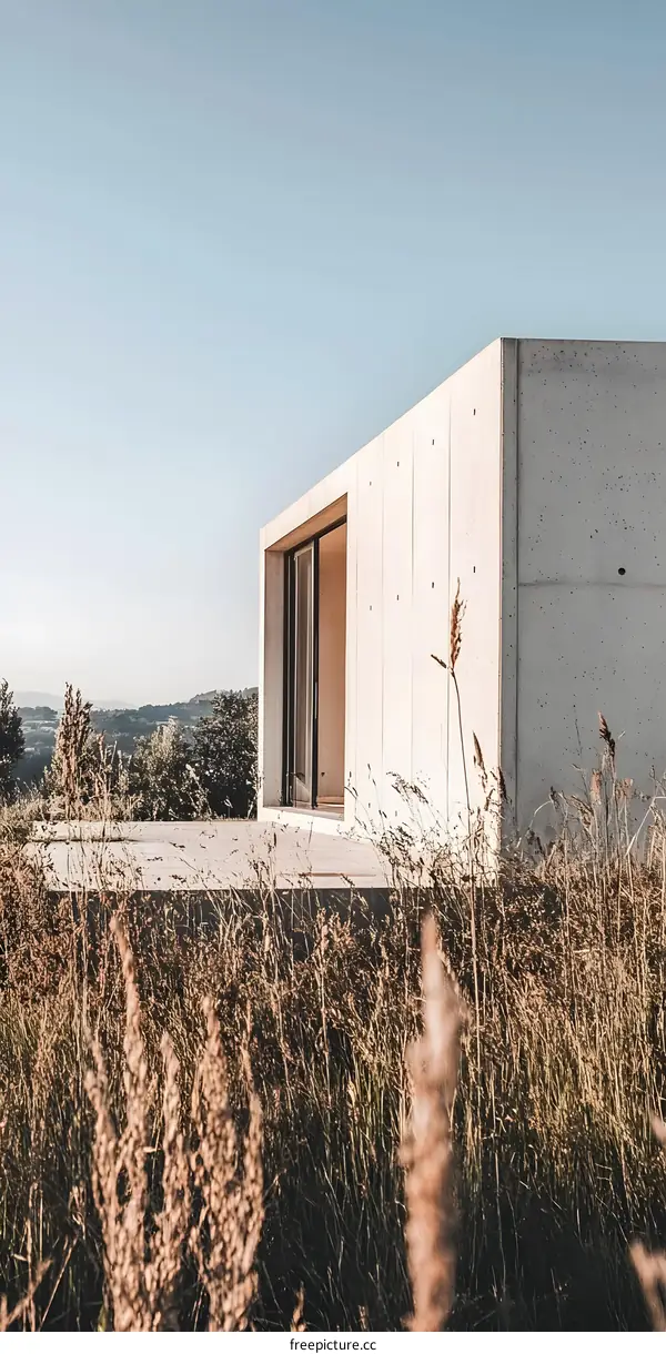 Minimalist Concrete House with Grass in the Foreground