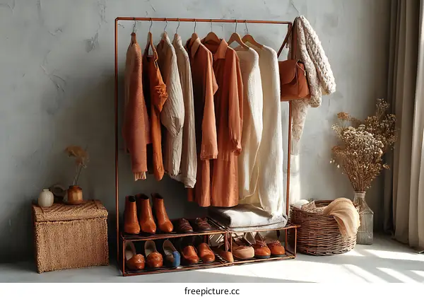 Stylish Fall Clothes Display on Metal Rack