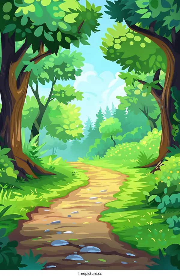 Forest Path Through Green Trees and Lush Vegetation