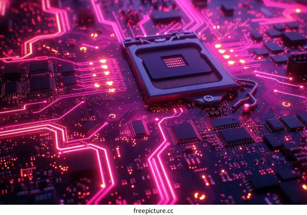 A close-up of a computer circuit board with a glowing pink light