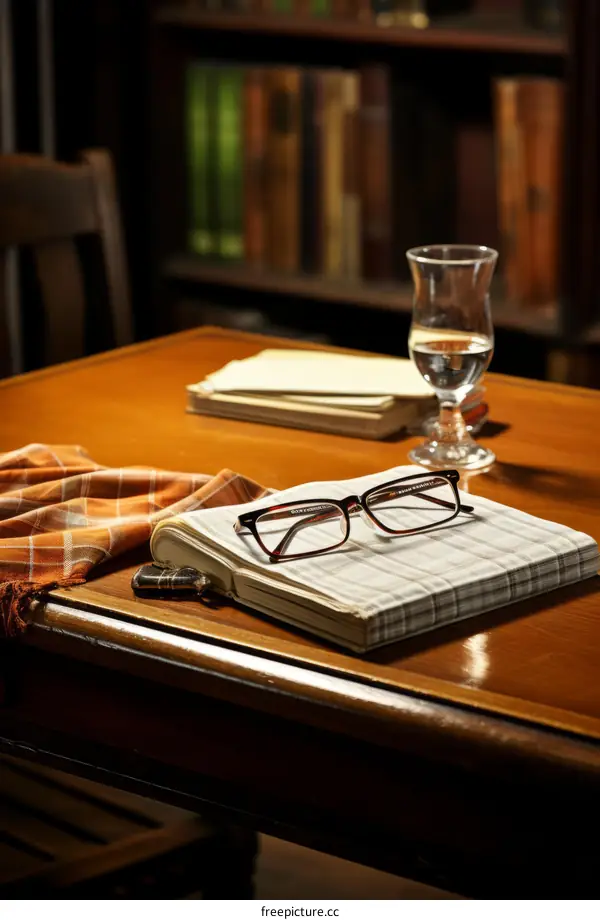 Books and Glasses on a Wooden Desk