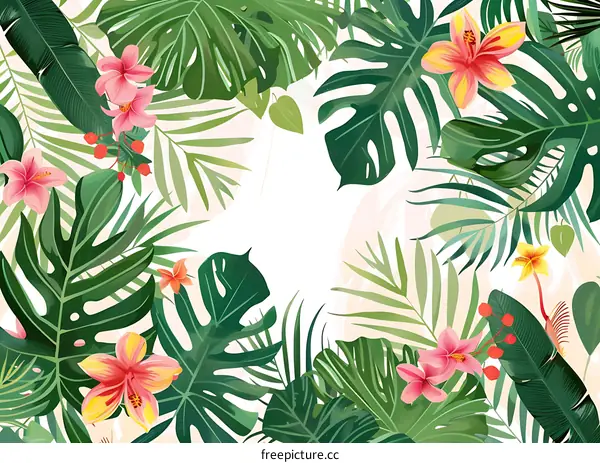 Tropical Floral Design with Green Leaves and Pink Flowers