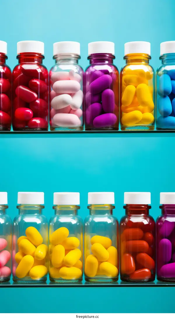 Colorful Pills and Capsules in Glass Bottles on Blue Shelves
