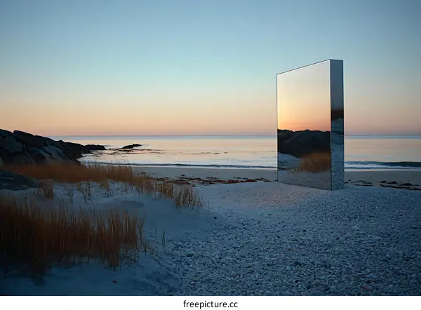 Reflective Surface on Beach at Sunset