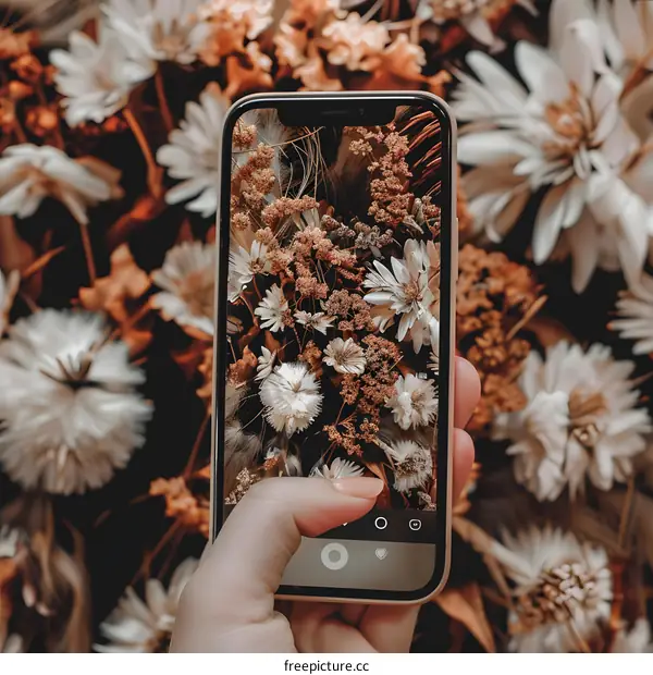 Hand Holding Phone Taking Picture of Dried Flowers