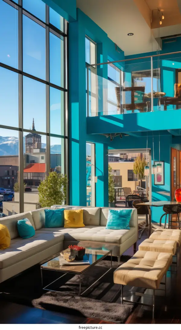 Modern Blue Living Room with Floor to Ceiling Windows