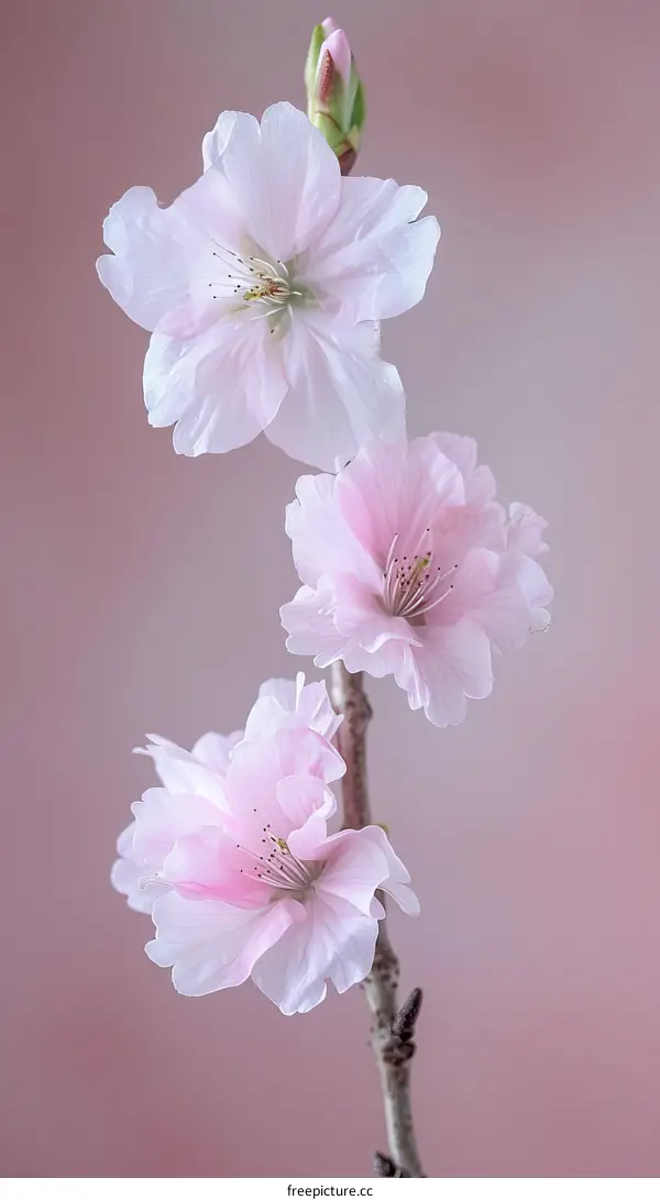 Three delicate pink cherry blossoms on a branch with a pink background