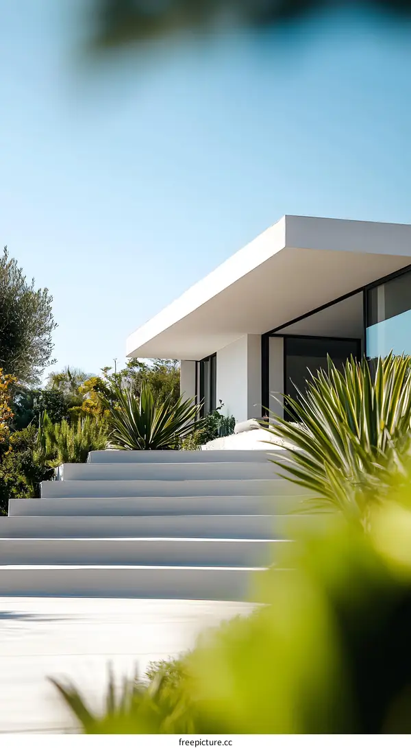 Modern Minimalist White House with Stairs and Lush Greenery